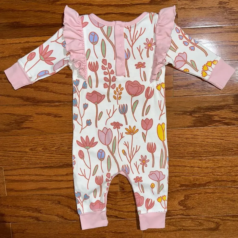 M+A Monica + Andy Pink Floral Organic Cotton Long Sleeve Ruffle Romper Size 3-6M